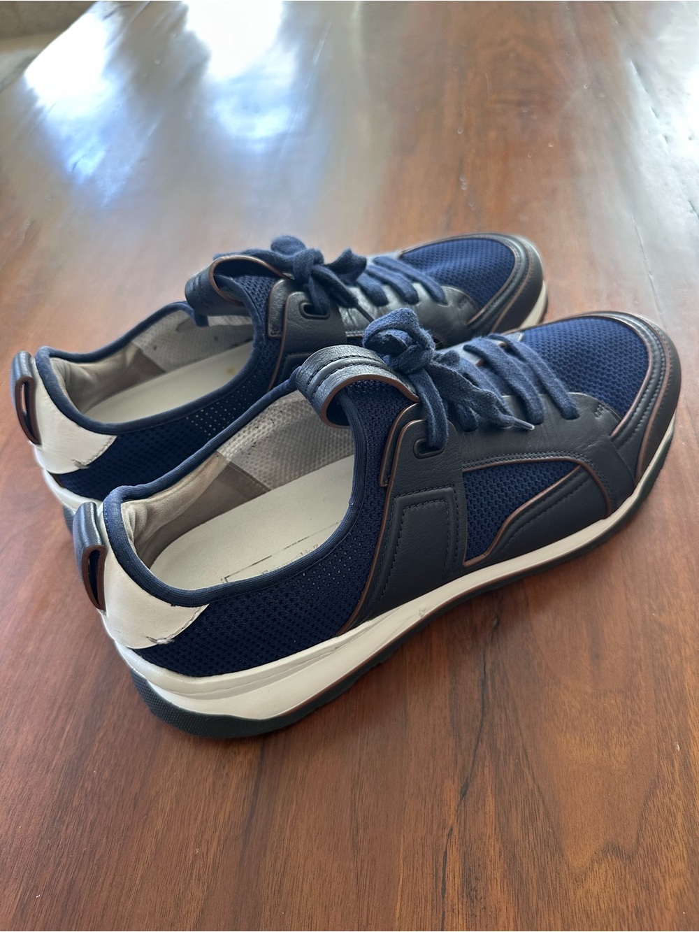 Ermenegildo Zegna Siracusa Leather and Mesh Blue White Mens Sneakers UK 12 US 13